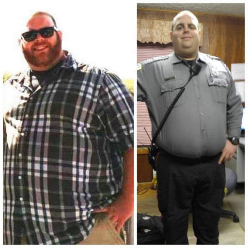 A photo of a 5'11" man showing a weight cut from 360 pounds to 335 pounds. A net loss of 25 pounds.