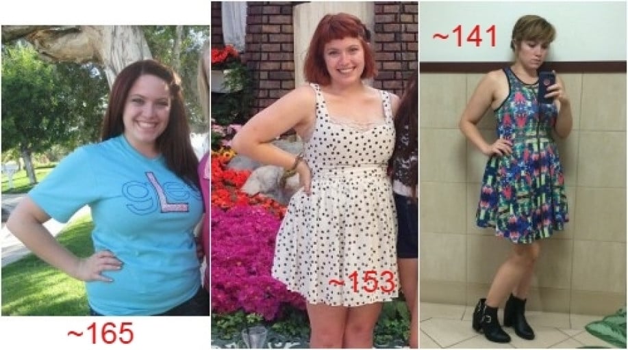 A picture of a 5'3" female showing a weight loss from 165 pounds to 153 pounds. A net loss of 12 pounds.