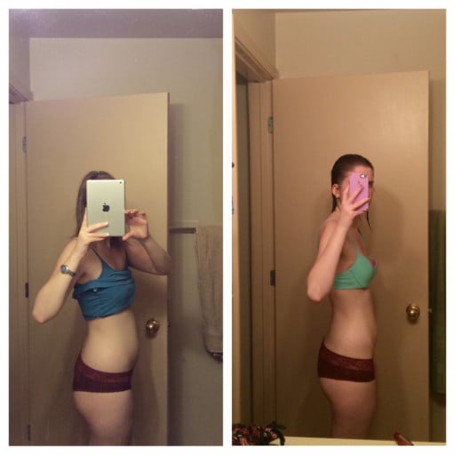 A before and after photo of a 5'5" female showing a weight loss from 139 pounds to 119 pounds. A net loss of 20 pounds.