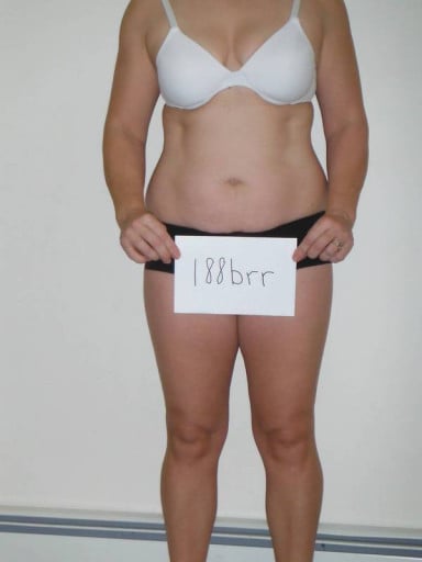 A before and after photo of a 5'4" female showing a snapshot of 147 pounds at a height of 5'4
