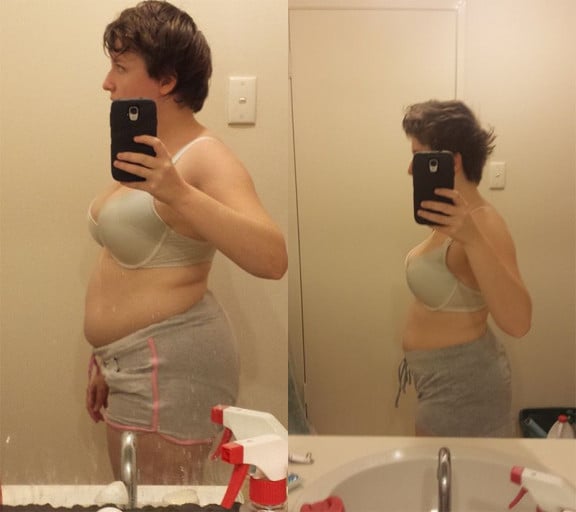 A before and after photo of a 5'1" female showing a weight cut from 158 pounds to 148 pounds. A total loss of 10 pounds.