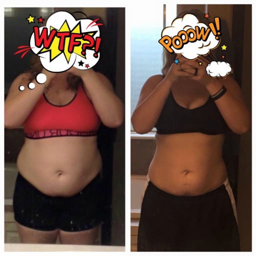 A before and after photo of a 5'9" female showing a weight bulk from 225 pounds to 248 pounds. A total gain of 23 pounds.