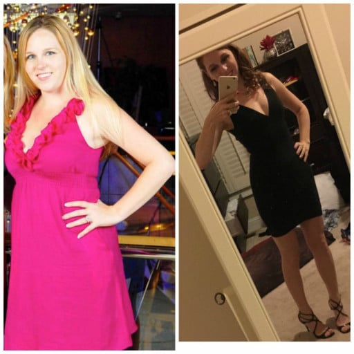 A picture of a 5'2" female showing a weight loss from 135 pounds to 110 pounds. A respectable loss of 25 pounds.