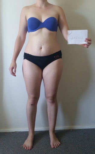 A before and after photo of a 5'3" female showing a snapshot of 137 pounds at a height of 5'3