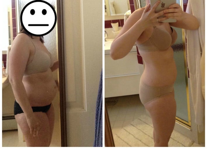 A photo of a 5'2" woman showing a weight cut from 149 pounds to 138 pounds. A respectable loss of 11 pounds.