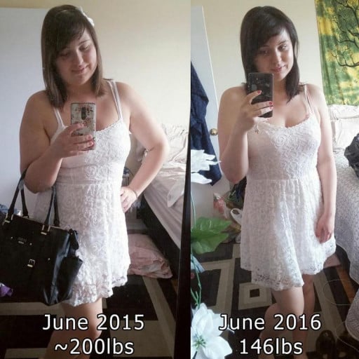 A progress pic of a 5'4" woman showing a weight cut from 210 pounds to 146 pounds. A net loss of 64 pounds.