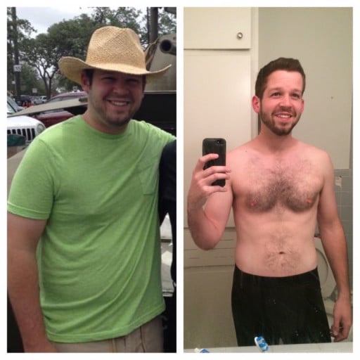 A progress pic of a 5'11" man showing a fat loss from 194 pounds to 152 pounds. A net loss of 42 pounds.