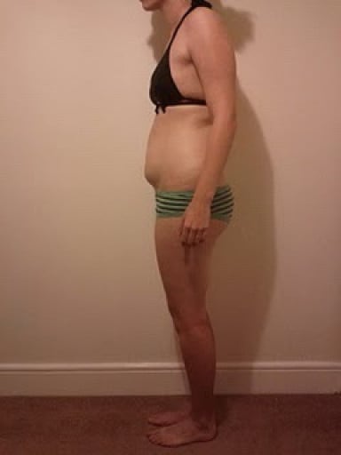 A before and after photo of a 5'8" female showing a snapshot of 154 pounds at a height of 5'8
