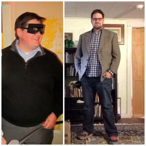 A picture of a 6'3" male showing a weight loss from 370 pounds to 274 pounds. A net loss of 96 pounds.