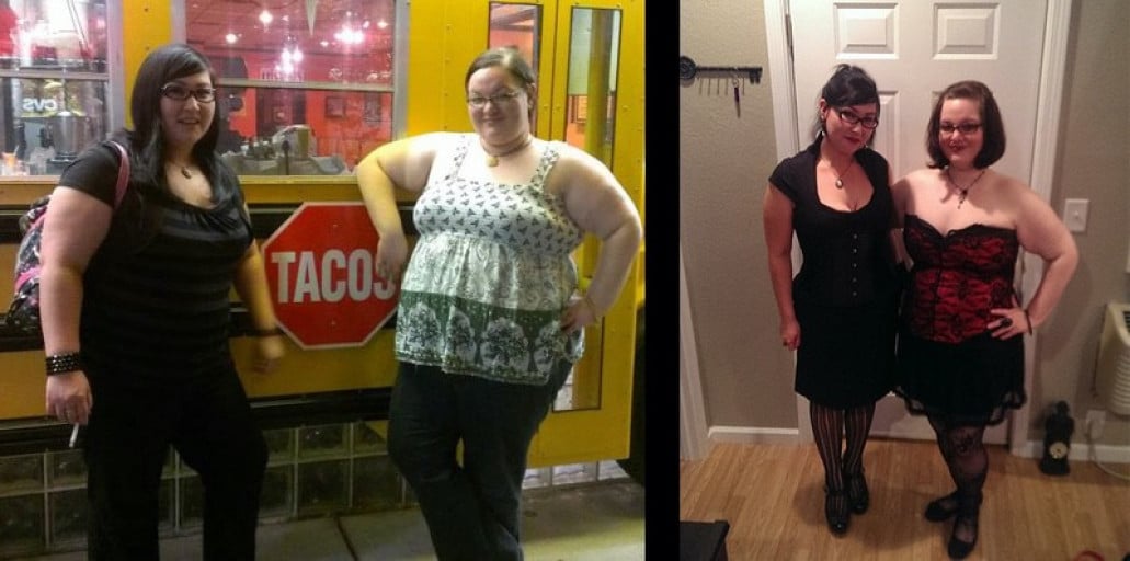 A progress pic of a 5'7" woman showing a weight loss from 312 pounds to 212 pounds. A respectable loss of 100 pounds.