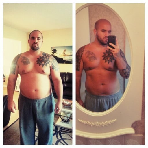 A picture of a 6'0" male showing a weight loss from 290 pounds to 245 pounds. A net loss of 45 pounds.