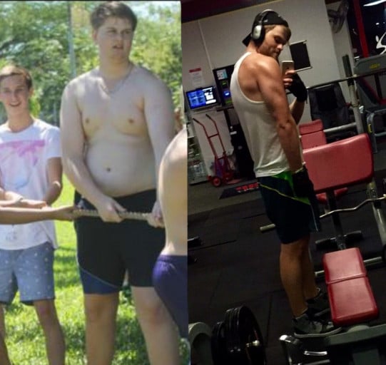 A before and after photo of a 6'8" male showing a weight reduction from 305 pounds to 220 pounds. A respectable loss of 85 pounds.