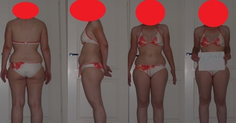 A before and after photo of a 5'7" female showing a snapshot of 149 pounds at a height of 5'7