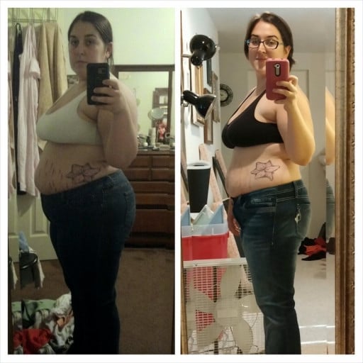 A before and after photo of a 5'4" female showing a weight loss from 238 pounds to 188 pounds. A total loss of 50 pounds.