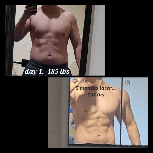 A progress pic of a 5'6" man showing a fat loss from 185 pounds to 155 pounds. A total loss of 30 pounds.
