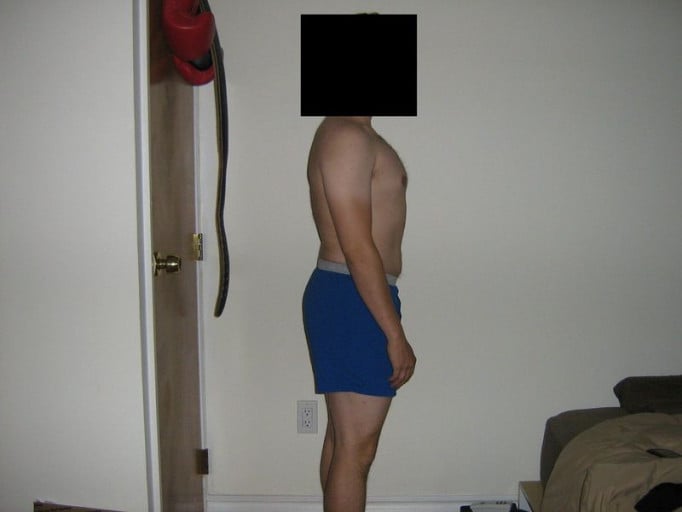 A before and after photo of a 5'7" male showing a snapshot of 172 pounds at a height of 5'7