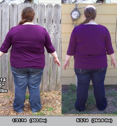 A picture of a 5'3" female showing a weight reduction from 302 pounds to 264 pounds. A respectable loss of 38 pounds.