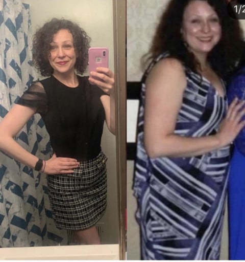 A before and after photo of a 5'9" female showing a weight reduction from 222 pounds to 151 pounds. A net loss of 71 pounds.