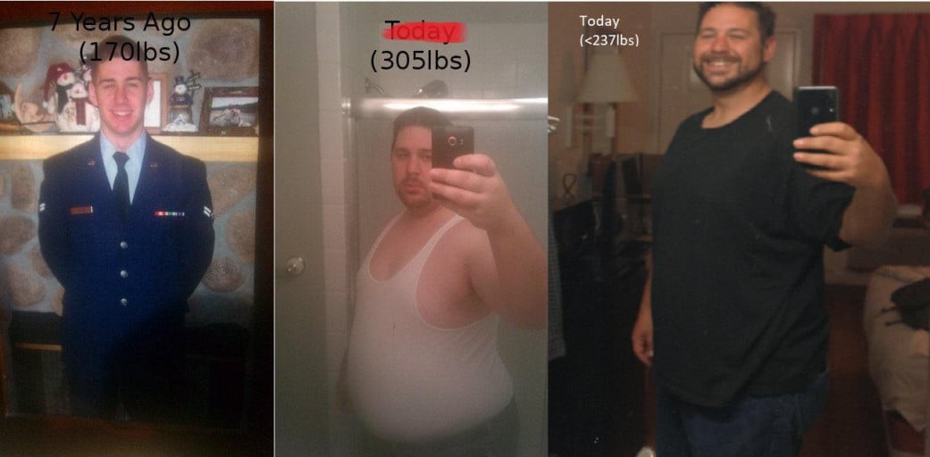 A picture of a 5'11" male showing a weight loss from 327 pounds to 237 pounds. A net loss of 90 pounds.