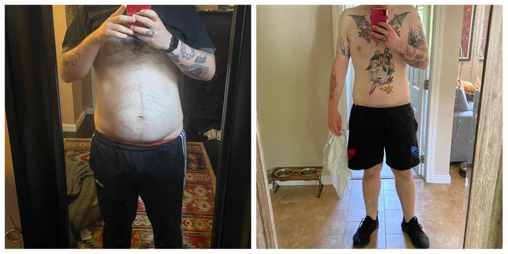 A progress pic of a 5'10" man showing a fat loss from 240 pounds to 187 pounds. A net loss of 53 pounds.