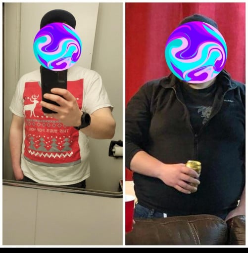 A before and after photo of a 5'8" male showing a weight reduction from 285 pounds to 225 pounds. A respectable loss of 60 pounds.