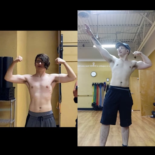 A before and after photo of a 5'10" male showing a weight gain from 141 pounds to 163 pounds. A net gain of 22 pounds.