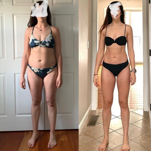 A before and after photo of a 5'10" female showing a weight reduction from 164 pounds to 147 pounds. A respectable loss of 17 pounds.
