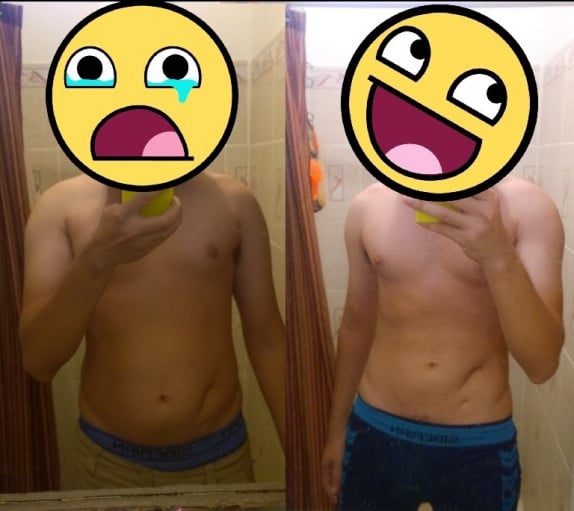 A progress pic of a 5'9" man showing a fat loss from 166 pounds to 147 pounds. A respectable loss of 19 pounds.