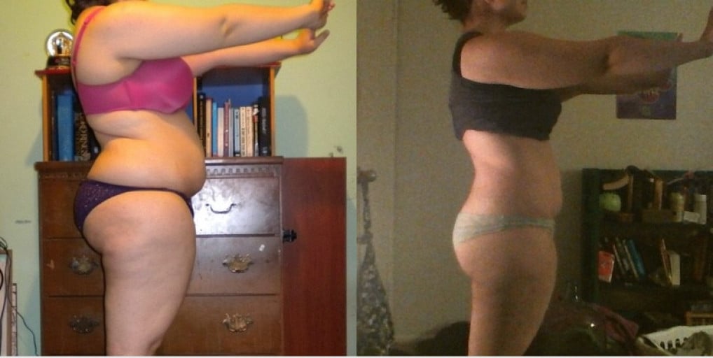 A picture of a 5'1" female showing a weight loss from 185 pounds to 160 pounds. A net loss of 25 pounds.