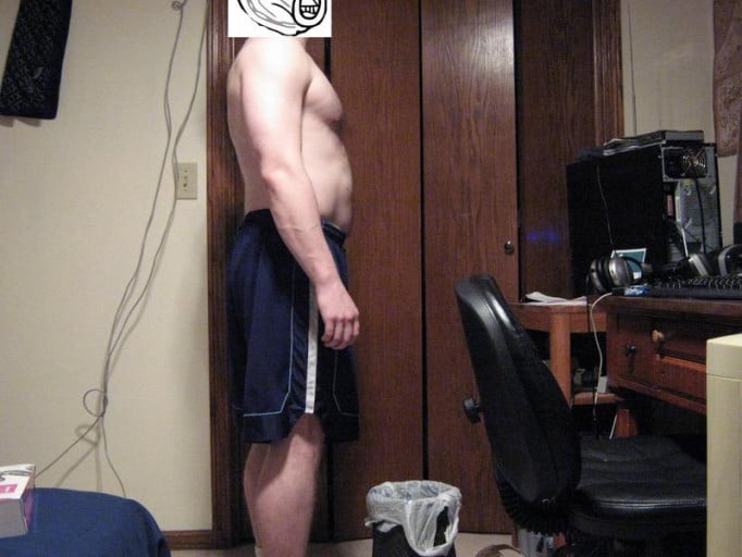 A before and after photo of a 5'8" male showing a snapshot of 180 pounds at a height of 5'8