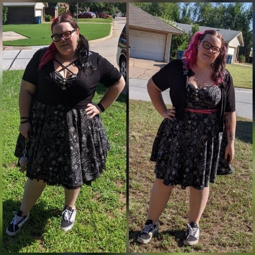 A before and after photo of a 5'3" female showing a weight reduction from 333 pounds to 262 pounds. A total loss of 71 pounds.