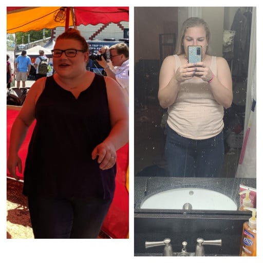 A before and after photo of a 5'4" female showing a weight reduction from 261 pounds to 180 pounds. A total loss of 81 pounds.