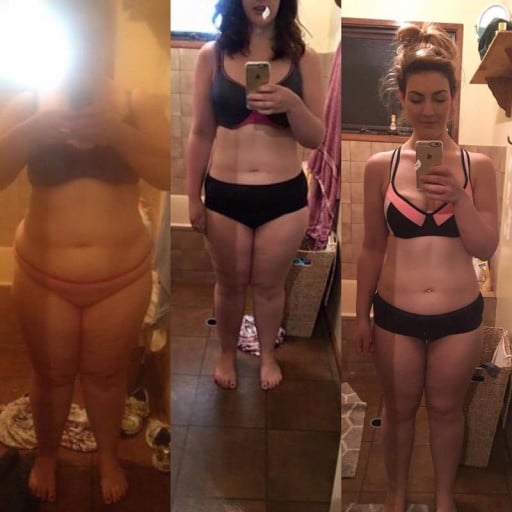 A progress pic of a 5'6" woman showing a weight cut from 270 pounds to 166 pounds. A net loss of 104 pounds.