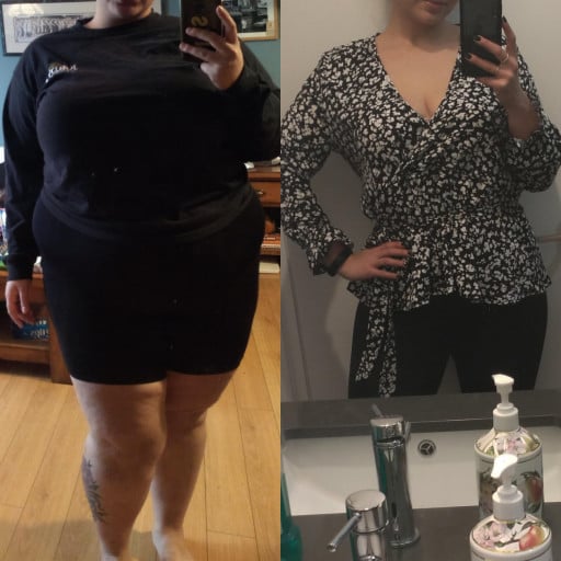A before and after photo of a 5'4" female showing a weight reduction from 295 pounds to 193 pounds. A respectable loss of 102 pounds.