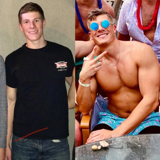 A progress pic of a 6'1" man showing a muscle gain from 150 pounds to 190 pounds. A net gain of 40 pounds.