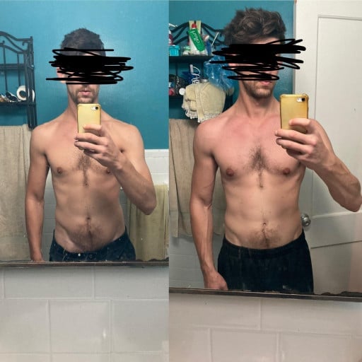 A progress pic of a 5'11" man showing a weight gain from 141 pounds to 157 pounds. A respectable gain of 16 pounds.