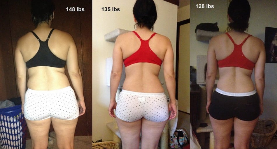 A photo of a 5'1" woman showing a fat loss from 148 pounds to 135 pounds. A total loss of 13 pounds.