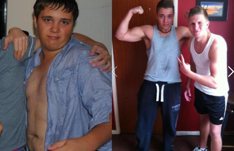 A photo of a 6'1" man showing a weight cut from 250 pounds to 195 pounds. A total loss of 55 pounds.