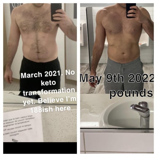A progress pic of a 5'10" man showing a fat loss from 192 pounds to 170 pounds. A net loss of 22 pounds.