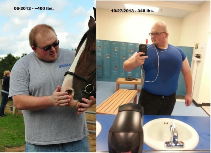 M/25/6'2 [~400 > 348 = ~52 lbs.] (1 year) Hadn't weighed myself in forever...Started 3 months ago and went from there!
