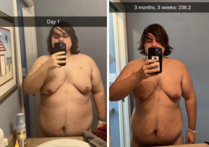 A before and after photo of a 5'9" male showing a weight reduction from 300 pounds to 236 pounds. A total loss of 64 pounds.