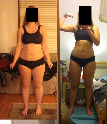 A progress pic of a 5'9" woman showing a weight reduction from 192 pounds to 178 pounds. A net loss of 14 pounds.