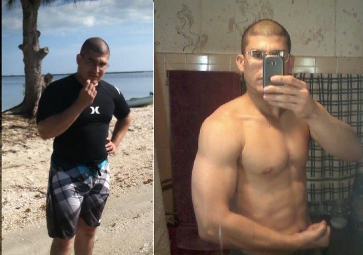 A progress pic of a 5'7" man showing a weight loss from 210 pounds to 158 pounds. A net loss of 52 pounds.