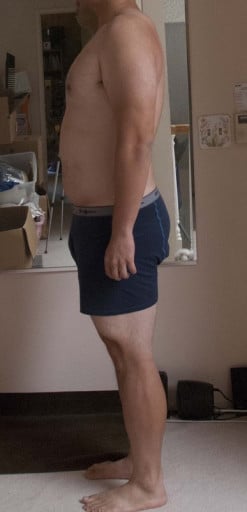 A before and after photo of a 6'2" male showing a snapshot of 240 pounds at a height of 6'2