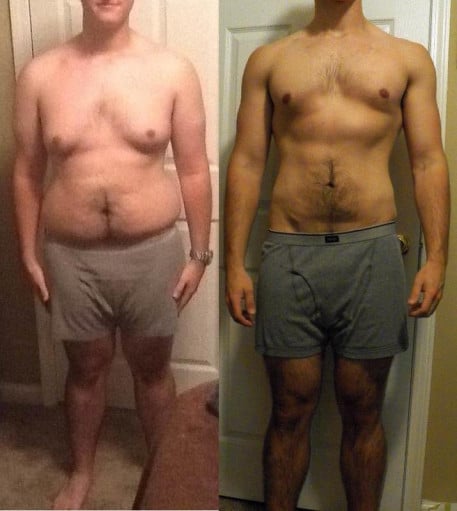 A before and after photo of a 6'0" male showing a weight loss from 230 pounds to 184 pounds. A respectable loss of 46 pounds.