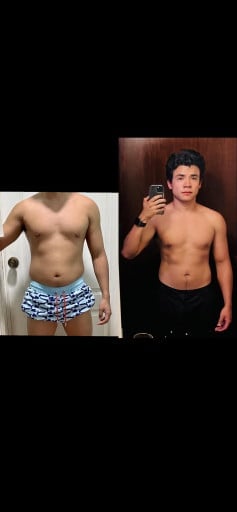 A progress pic of a 5'3" man showing a fat loss from 132 pounds to 127 pounds. A net loss of 5 pounds.