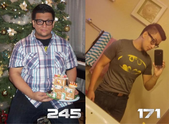 A before and after photo of a 5'7" male showing a weight reduction from 245 pounds to 171 pounds. A net loss of 74 pounds.