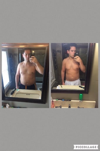 A progress pic of a 5'10" man showing a fat loss from 214 pounds to 195 pounds. A respectable loss of 19 pounds.