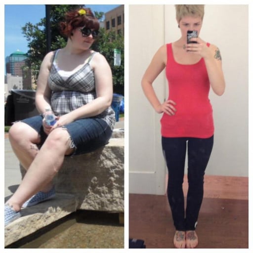 A progress pic of a 5'11" woman showing a fat loss from 240 pounds to 165 pounds. A total loss of 75 pounds.