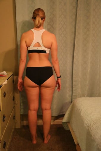 A progress pic of a 5'8" woman showing a snapshot of 153 pounds at a height of 5'8